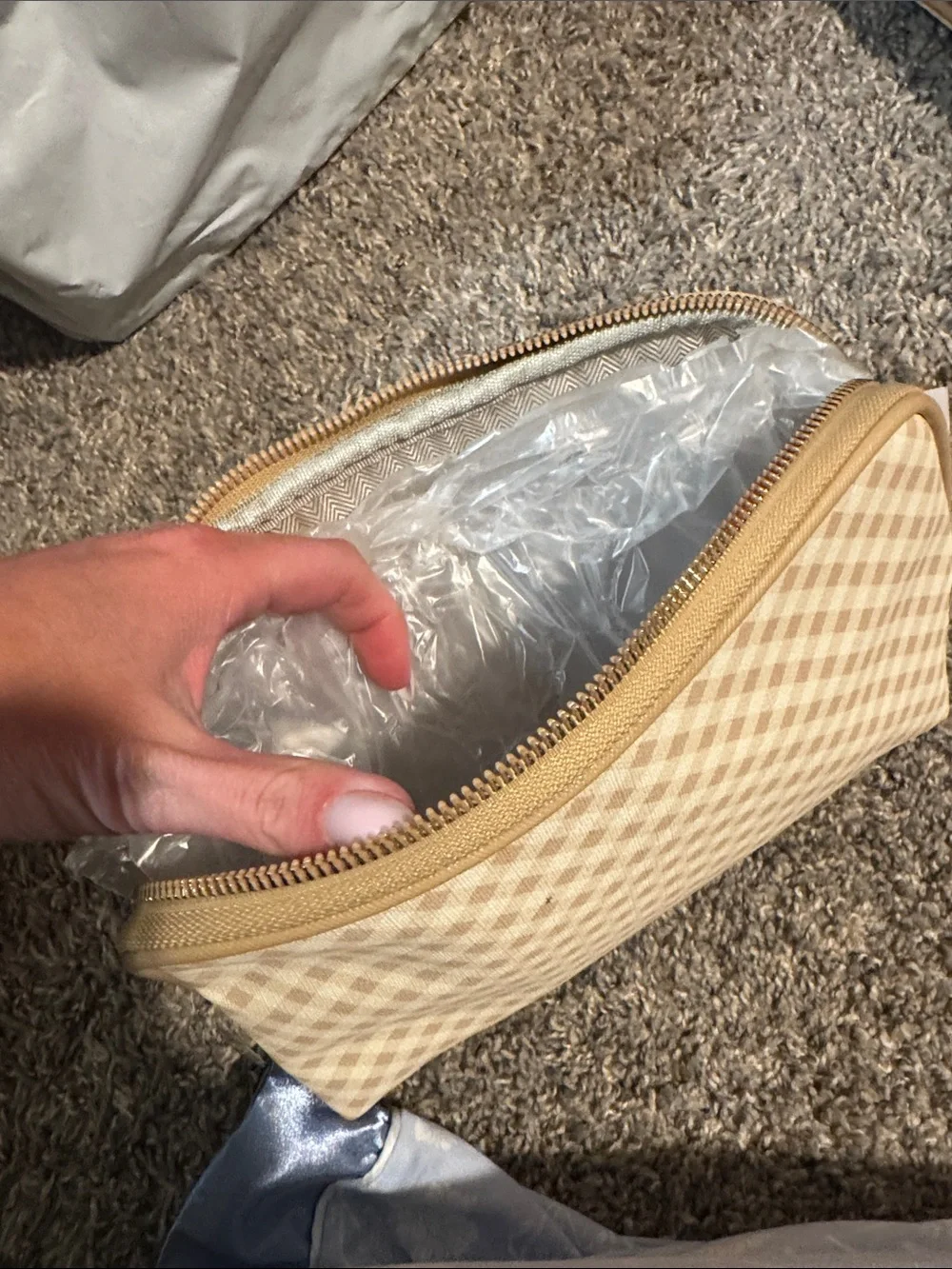 NWT Deluxity Beige Check Cosmetic Bag